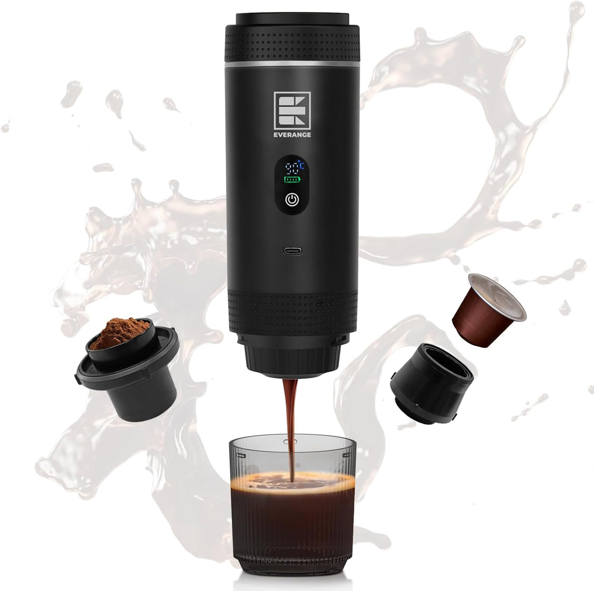 Portable Electric Espresso Machine, Travel Coffee Maker Brewer Compatible with Ground Coffee & NS Capsules (Black with LCD Screen)