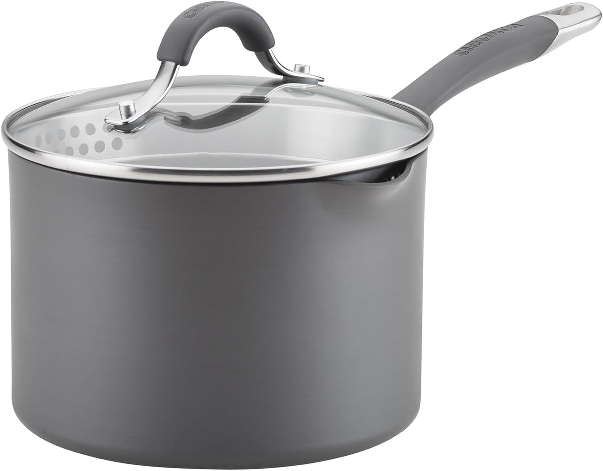 Circulon Radiance Hard-Anodized Nonstick Straining Saucepan, 3-Quart, Gray