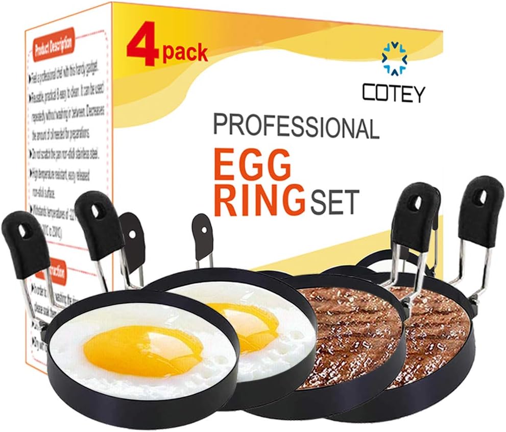 COTEY Large 3.5" Nonstick Egg Rings Set of 4, Round Crumpet Ring Mold Shaper for English Muffins Pancake Cooking Griddle - Portable Grill Accessories for Camping Indoor Breakfast Sandwich Burger