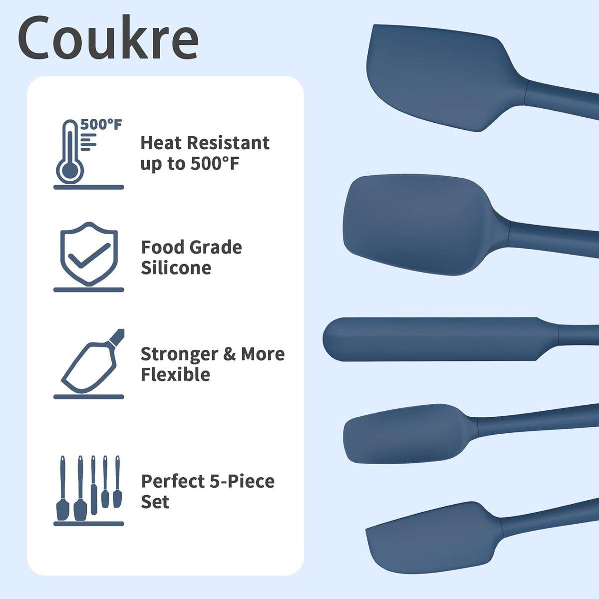 Coukre Silicone Spatula Set of 5,High Temperature Resistant, Food Grade Silicone, Dishwasher Safe, for Baking, Cooking (Pure Dark Blue)