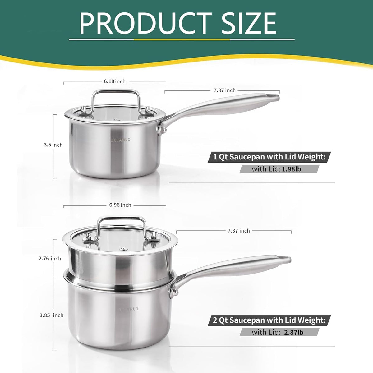 DELARLO Sauce Pan Sets, Compatible with All Cooktops 600℉, Full Clad Triply Stainless Steel Saucepan, 1QT Pot & 2 QT Pot with Steamer (Lids 300℉)
