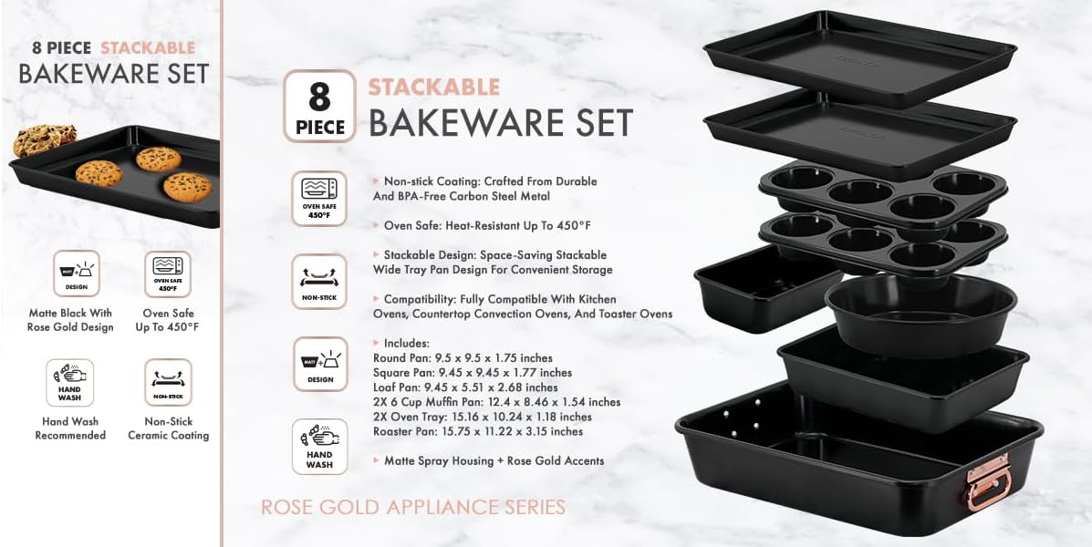Nonstick Ceramic Bakeware Set – 8 Piece Baking Pans Set, Oven Safe to 450°F, Includes Muffin Pans, Cookie Sheets, Loaf, Roaster, Round & Square Pans, BPA-Free