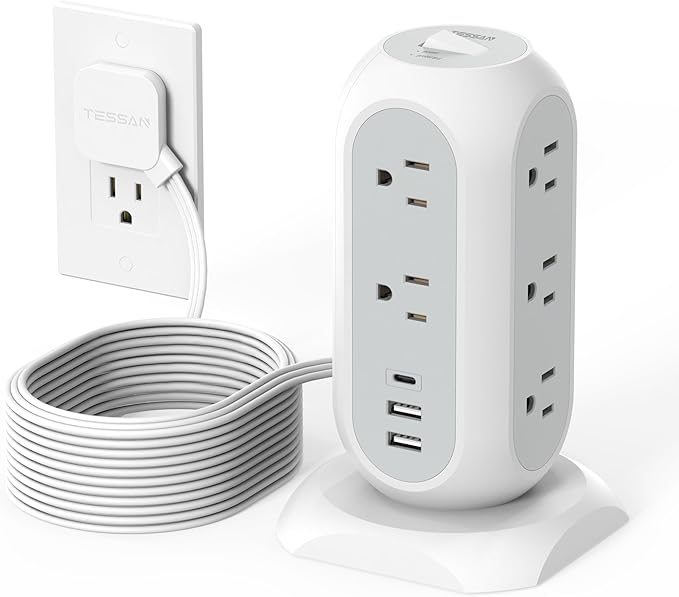 15 ft Extension Cord Tower Power Strip, 11 Outlets 3 USB(1 USB-C) Chargers, TESSAN Surge Protector with Multi Plug Outlet, 1050J Protection, Office Supplies, Desk Accessories, School Dorm Essential