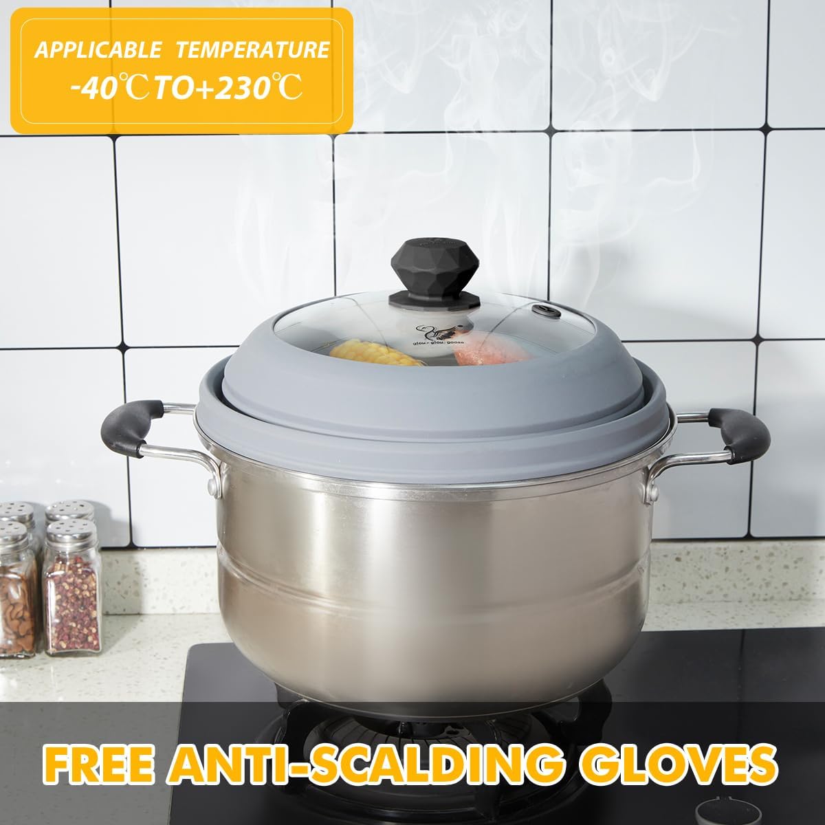 Microwave Splatter Cover Vented Glass Splatter Guard Lid with Collapsible Silicone for Food as Pot Cover Plate 9.8 inch Light Grey