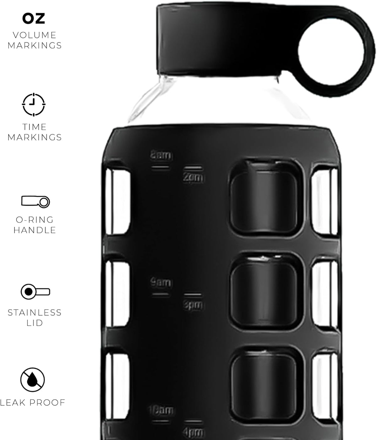 purifyou 40/32 / 22/12 oz Glass Water Bottles with Volume & Times to Drink, Extra Thick Silicone Sleeve, Reusable Bottle for Fridge Water, Milk, Juice (32oz Jet Black)