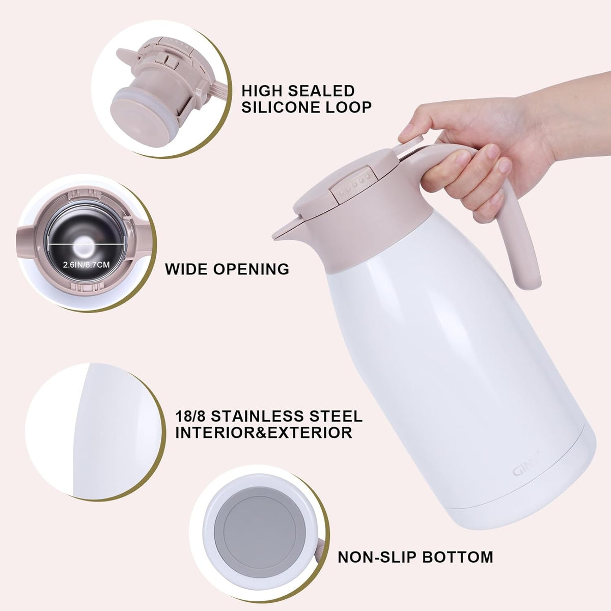 GiNT 1.9L / 64Oz Thermal Coffee Carafe, Insulated Stainless Steel Coffee Carafes for Keeping Hot/Double Walled Vacuum Thermal Carafe (White)