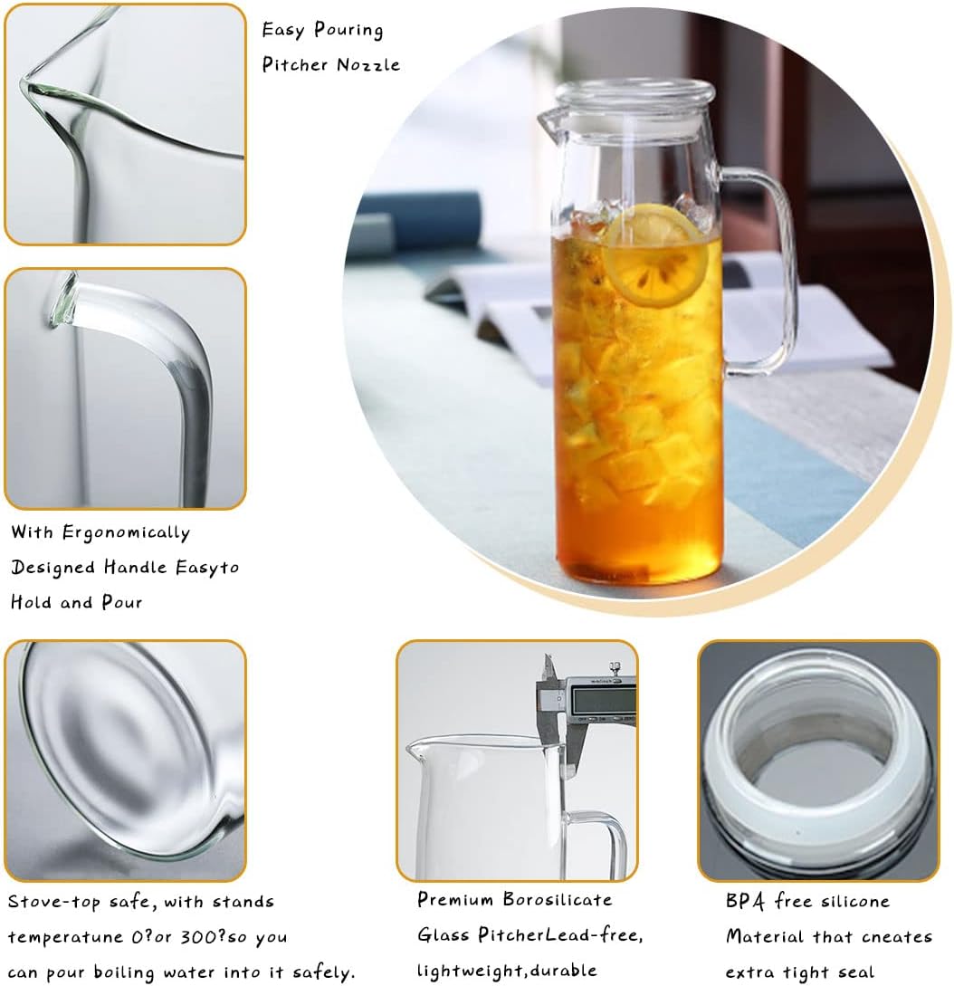 hjn Glass Pitcher with Lid Glass Water Carafe with Handle, Fridge Water Jug Cold or Hot Beverages, Iced Tea, Milk, Juice 1500ml/51oz & glass lid
