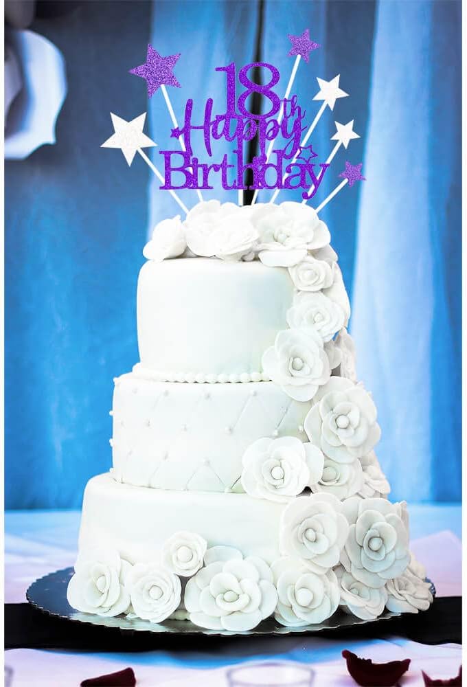 Glittery 18th Happy Birthday Cake Topper with Star,Personalised 18 Birthday Cake Toppers Party Decorations Party Supplies for Boys Girls Purple Silver