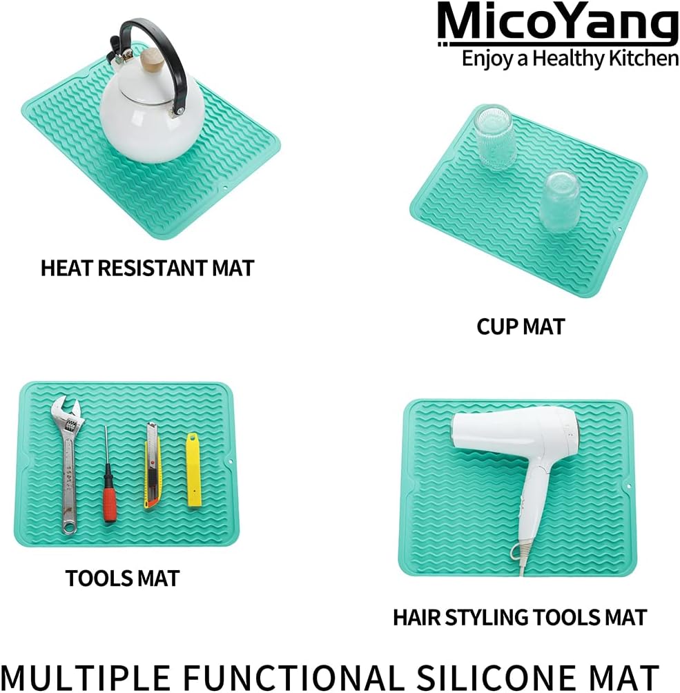 Silicone Dish Drying Mat for Multiple Usage,Easy clean,Eco-friendly,Heat-resistant Silicone Mat for Kitchen Counter or Sink,Refrigerator or drawer liner Mint L 16 inches x 12 inches