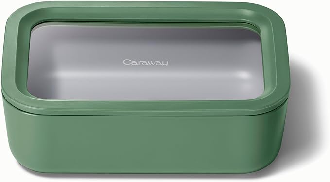Caraway Glass Food Storage - 6.6 Cup Glass Container - Ceramic Coated Food Container - Non Toxic, Non Stick Lunch Box Container with Glass Lids - Dishwasher, Oven, & Microwave Safe - Sage