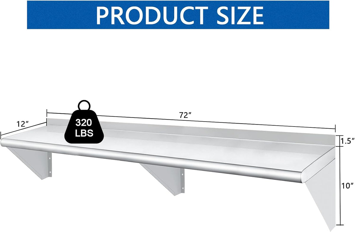 HARDURA Stainless Steel Shelf 12" x 72", 320lb Commercial Shelves Wall Mount Metal Shelving with Backsplash and Brackets for Kitchen, Restaurant, Laundry Room and Home
