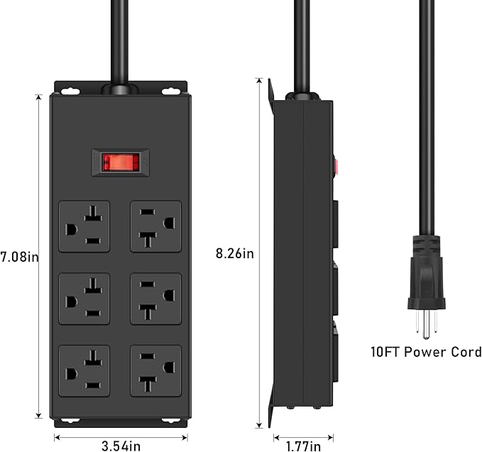 JUNNUJ Heavy Duty 20 Amp Power Strip, Garage 6 Outlets Metal 12 Gauge Surge Protector 3000J, High Amp 5-15P Adapter Shop 6-20R T-Slot Industrial (6AC, 10FT)