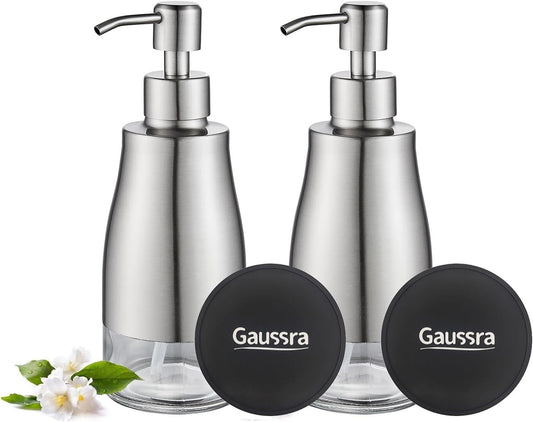2 Pack Soap Dispenser with Coaster and Stickers, Stainless Steel Case Glass Liner Hand Pump Dispenser, Refillable Liquid Hand Soap Dispenser for Bathroom & Kitchen - Brushed Nickel