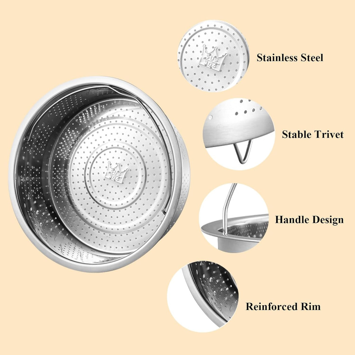 Vegetable Steamer Basket, Stainless Steel, Round, Silver, 8.6in