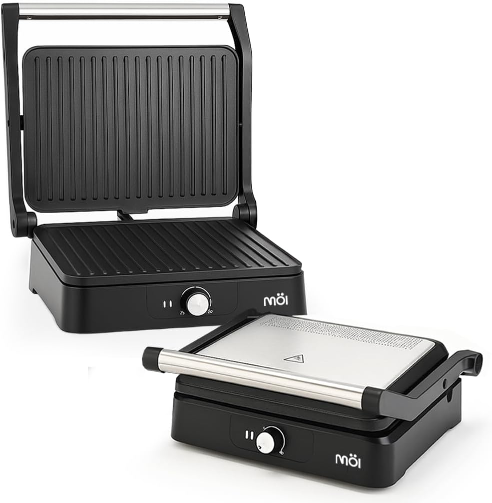 MOI Panini Press Grill & Sandwich Maker - 180° Dual-Plate Stainless Steel Grill Press for Paninis, Grilled Cheese, Burgers, Quesadillas, Breakfast, and More - 11 x 9 Inch Panini Maker with Drip Tray