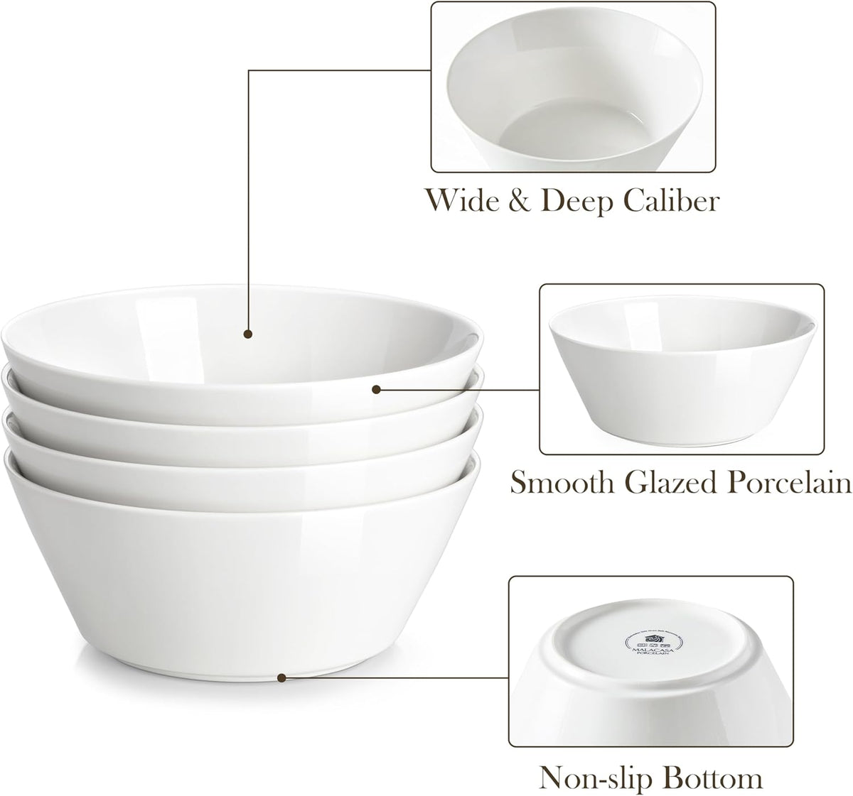 MALACASA 35 OZ Soup Bowls, White Porcelain Bowls Set of 4, Deep Bowls for Kitchen, Large Ceramic Bowls for Soup, Cereal, Salad, Ramen and Fruit, Dishwasher & Microwave Safe, Series Regular