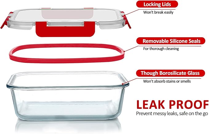 24-Piece Glass Food Storage Containers with Locking Lids,Glass Meal Prep Containers Set - Airtight Lunch Containers, Microwave, Oven, Freezer and Dishwasher, Red