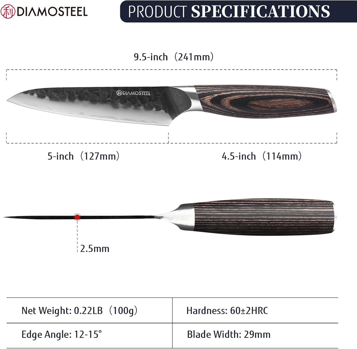 Utility Knife - 5-Inch Professional Kitchen Utility Knife - Hammered Black Oxide Blade Japanese 9CR18MOV High Carbon Stainless Steel - Ergonomic Pakkawood Handle with Present Box