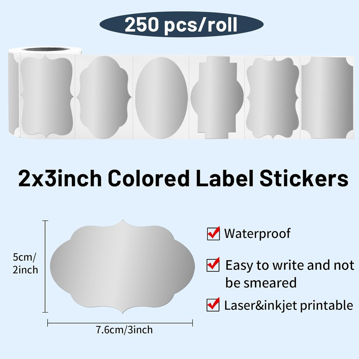 Silver Labels Stickers, 250 PCS 3" x 2" Fancy Shape Stickers Labels for Storage Box or Food Jars Holiday Present Stickers Christmas Gift Tags Stickers