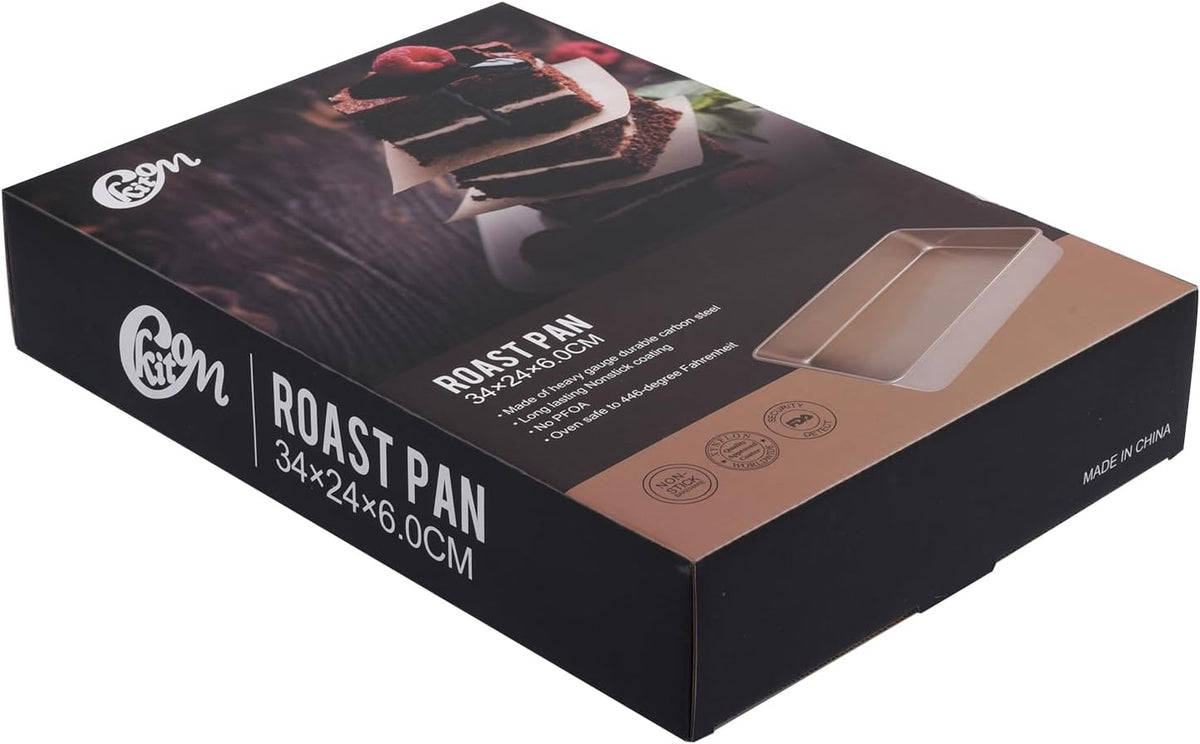 Kitcom Nonstick Roasting Pan for Baking, 13.4x9.4x2.4 Inch Cake Molds, Heavy Duty Rectangular Baking Pan for Oven, Champagne Gold