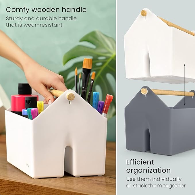 ARTEZA Plastic Portable Craft Storage Organizer, Pack of 2, Gray and Ivory, 3-Sectioned Plastic Basket with Handle, Caddy Organizer