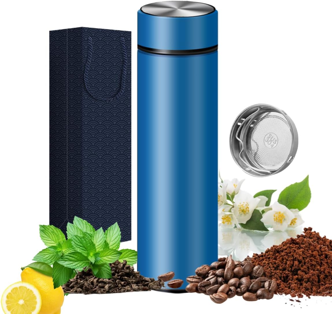 Insulated Water Bottles- Vacuum Tumbler for Coffee, Tea and Drinks with Stainless Steel Infuser - 15 oz Tea Thermo Travel Bottle/Keeps Drinks Hot or Cold for Hours/Gift Packing(Blue)