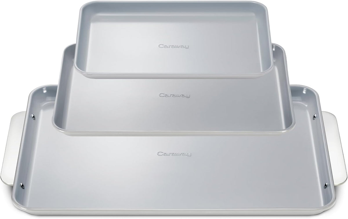 Caraway Non-Stick Ceramic Baking Sheet Trio - Naturally Slick Ceramic Coating - Non-Toxic, PTFE & PFOA Free - 18 x 13" Large, 15 x 10" Medium, & 9" x 13" Small - Gray