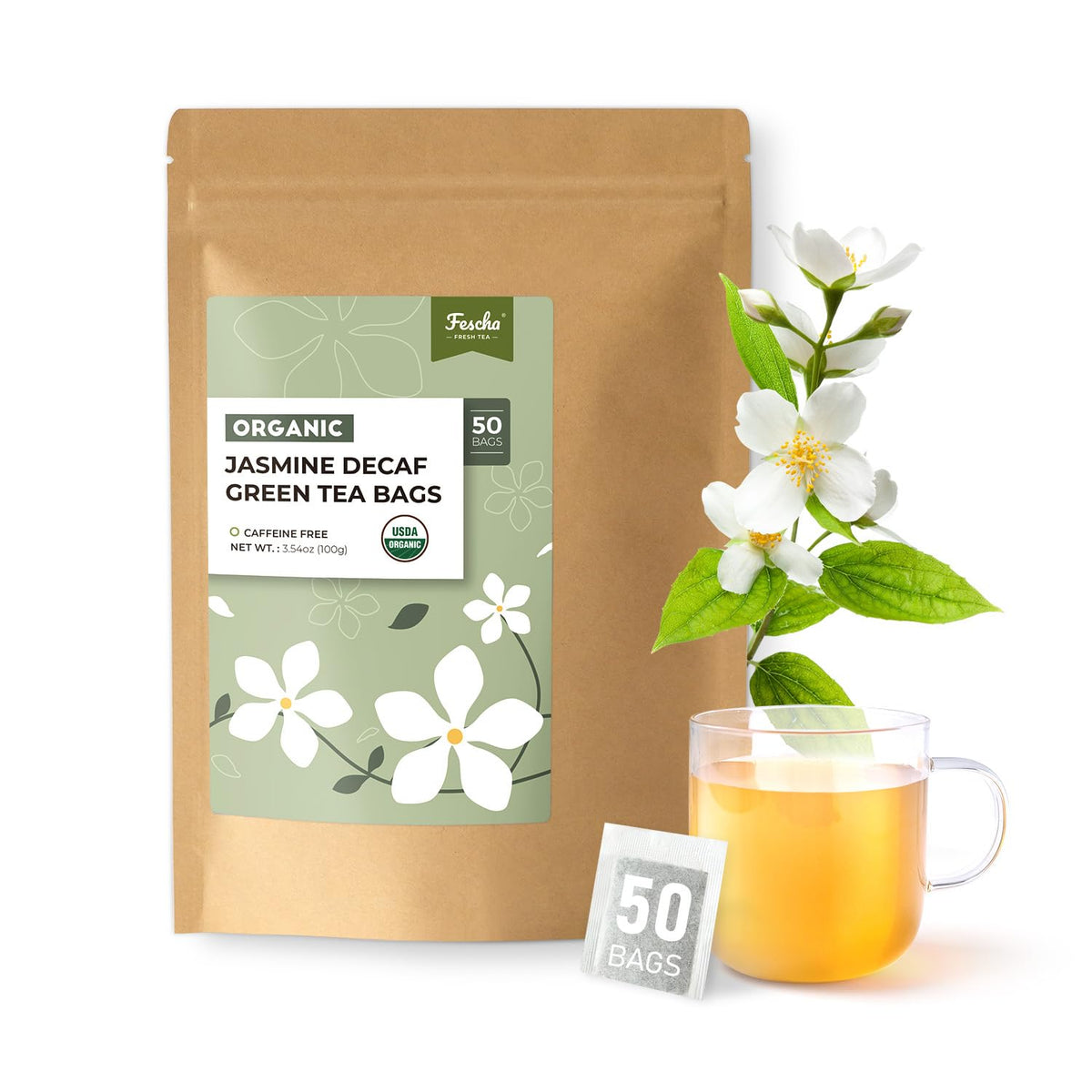 Fescha Organic Decaf Jasmine Green Tea Bags Flower-scented Tea (50-count), Eco-Conscious Tea Bags, Packed by Resealable Kraft Bag