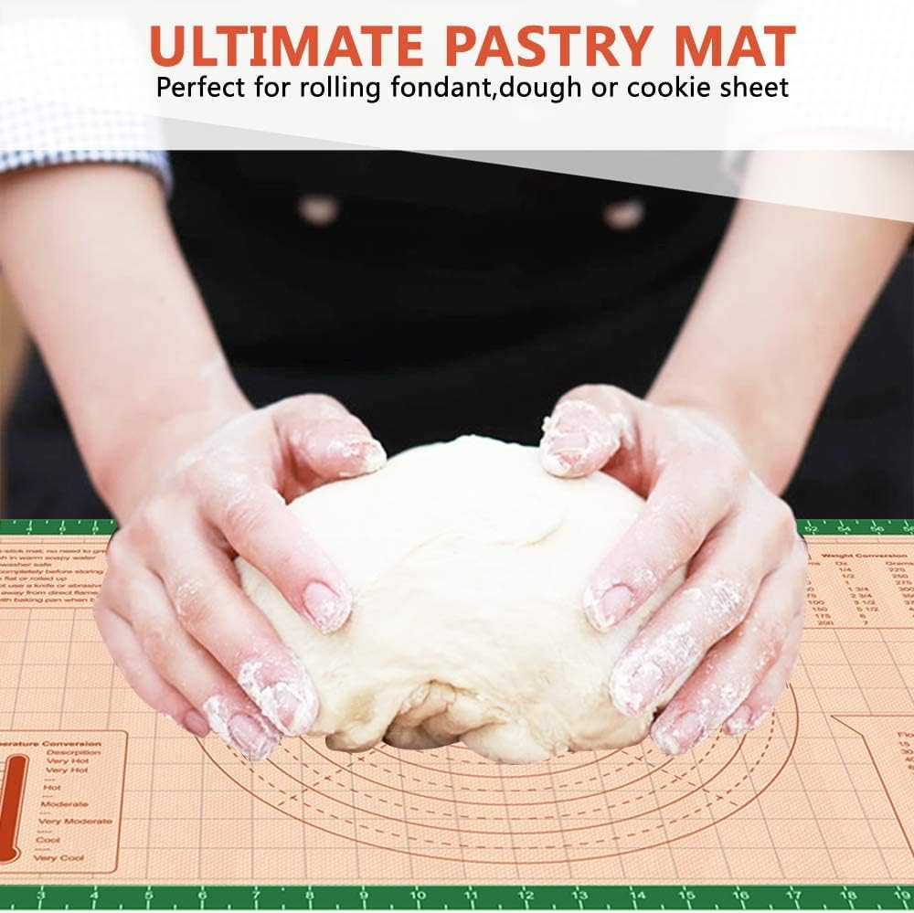 Silicone Pastry Baking Mat Non Stick-Large Rolling Dough with Measurements-Non Slip Pizza,Fondant,Pie,Cake Baking Mat - 26 x 16 Inch By Cook Time(Green)