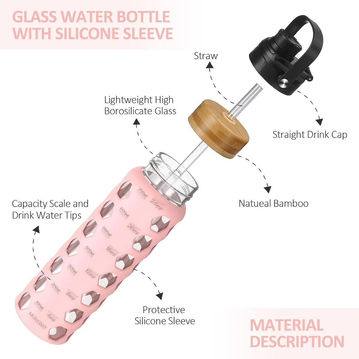 MUKOKO 24oz Glass Water Bottle with 2 Lids-Handle Flip Lid&Bamboo Straw Lid,Motivational Water Tumbler with Time Marker Reminder and Silicone Sleeve, Leakproof-Pink