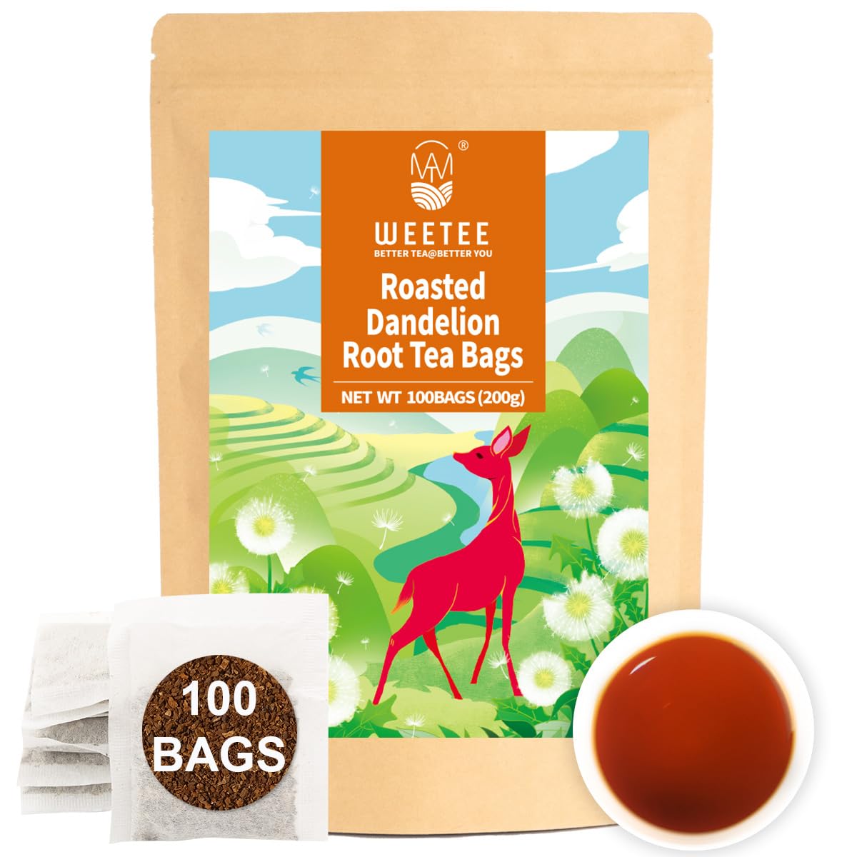 WT WEETEE Roasted Dandelion Root Tea Bags, 100 Count Dandelion Tea with Light Earthy & Roasted Aroma, Natural Caffeine Free Herbal Tea, Coffee Alternatives