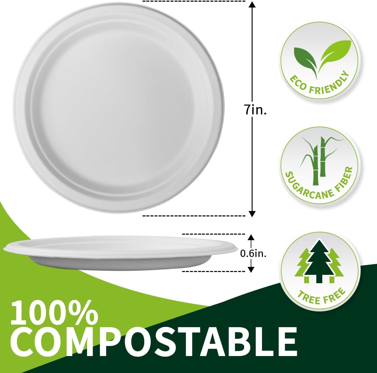 7 Inch Compostable Paper Plates 【White 150 Pack】, 100% Sugarcane Bagasse Small Dessert Plates, Bulk Disposable Plates, Sturdy Heavy Duty, Biodegradable Dinnerware for Party, Picnic, BBQ