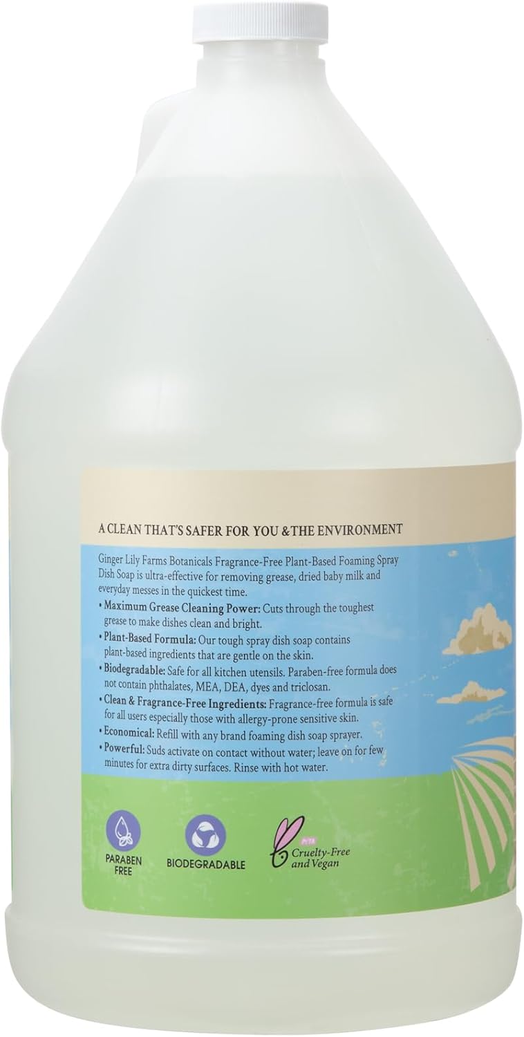 Ginger Lily Farms Botanicals Plant-Based Foaming Spray Dish Soap, Concentrated Formula with Max Grease Cleaning Power, Cruelty-Free, Fragrance-Free, 1 Gallon Refill (128 Fl Oz)