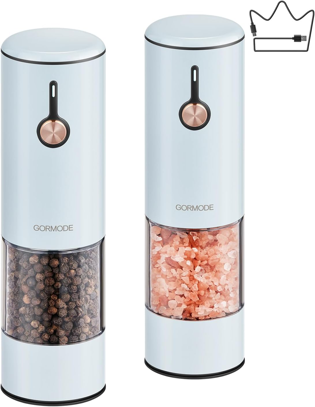 Electric Pepper Grinder and Salt Mill Set - Large Capacity USB Rechargeable Automatic Grinder with Dual LED Lights, One-Handed Operation & Slide Cover - Brushed Stainless Steel