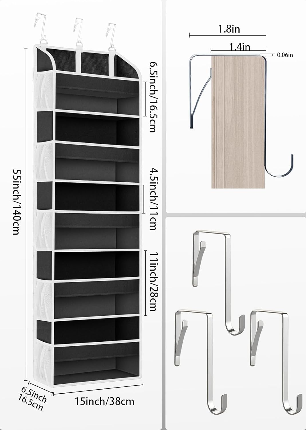1 Pack Over The Door Storage Organizer with 5 Pockets 10 Mesh Side Pockets, 44 lbs Weight Capacity Door Hanging Organizers and Storage for Bedroom,Bathroom,Nursery,Pantry,Dorm(Black)