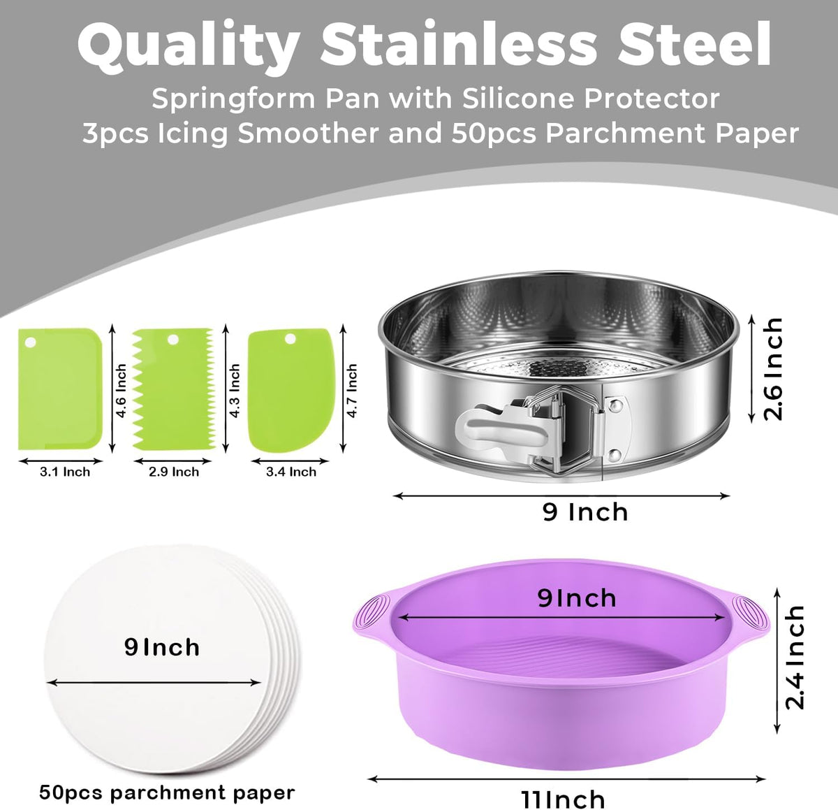 Stainless Steel Springform Pan 9 Inch Nonstick, Leakproof Cheesecake Pan with Pan Protector, Spring Form Pan for Cheesecake, 9 Inch Springform Cake Pan, Cheese Cake Pans for Baking & 50Pcs Parchment