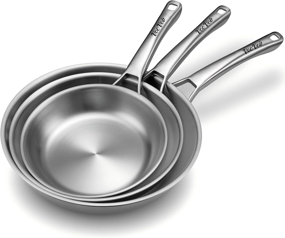 Tri-Ply Stainless Steel Frying Pans Set,PFOA&PTFE Free Skillets,Chef's Pan Set(8+10+12inch) Frying Pans for cooking,Induction Cookware Sets,Dishwasher and Oven Safe Kitchen set