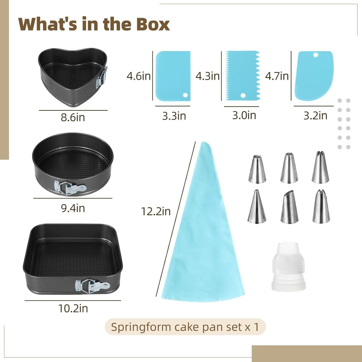 Springform Cake Pans Set, 3 PCS Non-stick Cheesecake Pan with Removable Bottom (8.6/9.4/10.2 Inches), Leakproof Heart Round Square Shapes Cake Pan with Piping Tips, Cake Leveler