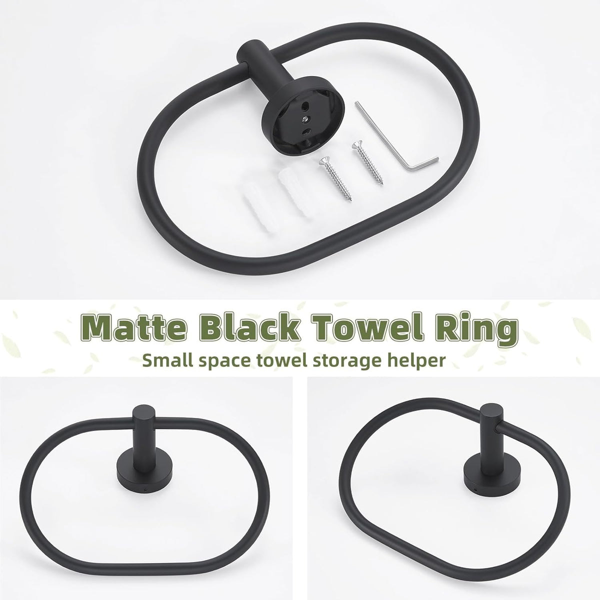 APLusee Matte Black Towel Ring, Stainless Steel Oval Hand Towel Holder for Bathroom Kitchen, Wall Mounted