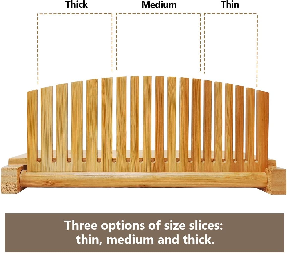 Premium Bamboo Bread Slicer for Homemade Bread, Crumb Catcher, Foldable and Compact Loaf Cutter 3 Size Slicing Guide