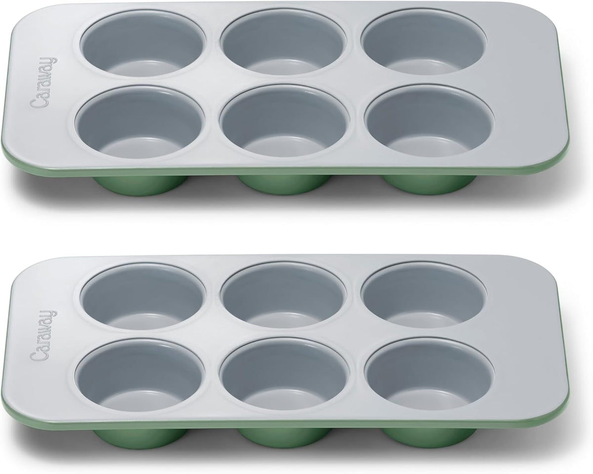 Caraway Nonstick Ceramic 6 Cup Muffin Pan Duo – Non-Toxic, PTFE & PFOA Free – Oven Safe – Aluminized Steel Core – Small Muffin Pan for Baking Cupcakes, Muffins & More - Sage
