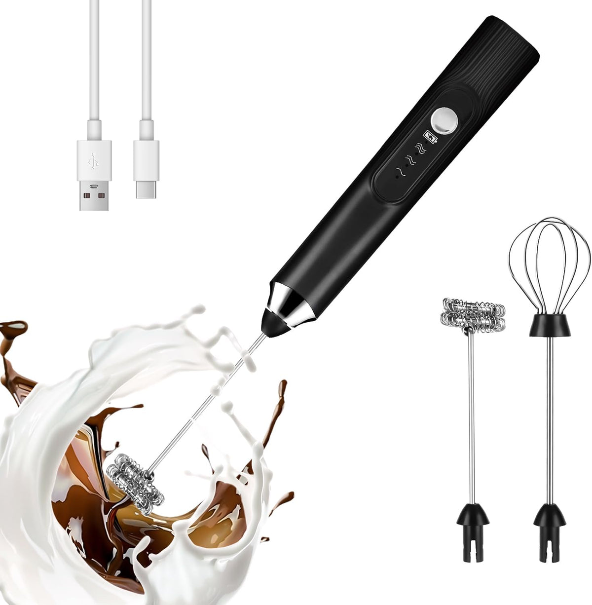 BEoffer Milk Frother Handheld Rechargeable 2000mAH Power Frother Wand Electric Foam Maker with 2 Stainless Whisks 3 Speeds Drink Mixer Coffee Frother for Latte, Cappuccino, Matcha, Hot Chocolate, Egg