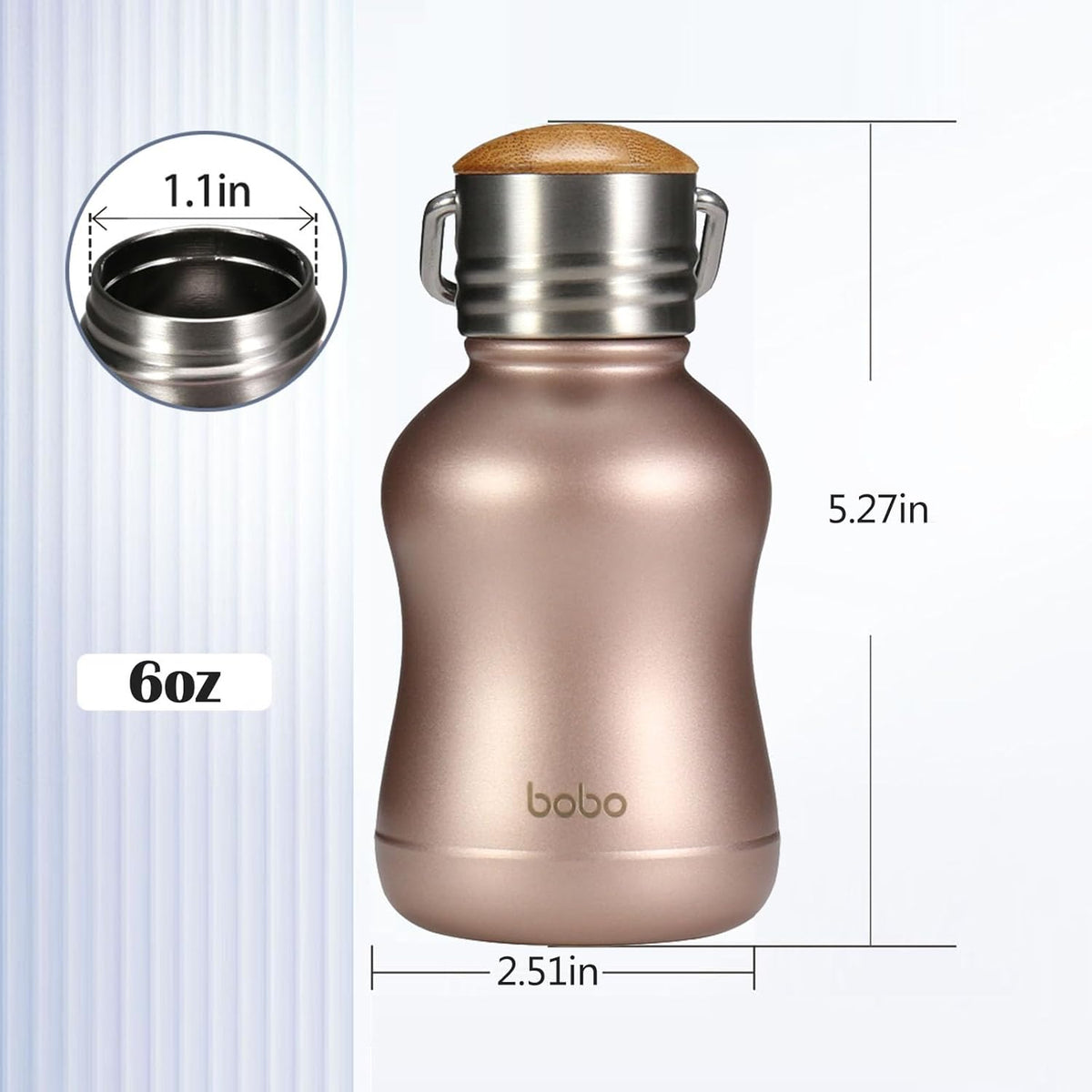 YOHKOH Mini Vacuum Insulated Water Bottle With Bamboo Lid - Stainless Steel Thermos Water Bottle for Women Girls Kids, Metal Sports Hot and Cold Water Bottle Leak-Proof BPA-Free (6.4oz,Gold)