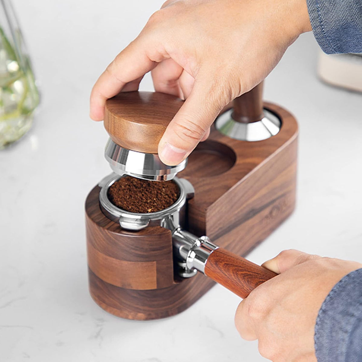 MOJAE 58.5mm Espresso Distributor, Espresso Distribution Tool, Coffee Distributor Adjustable Depth Espresso Leveler With Walnut Wood Handle, Fits for 58mm Portafilter