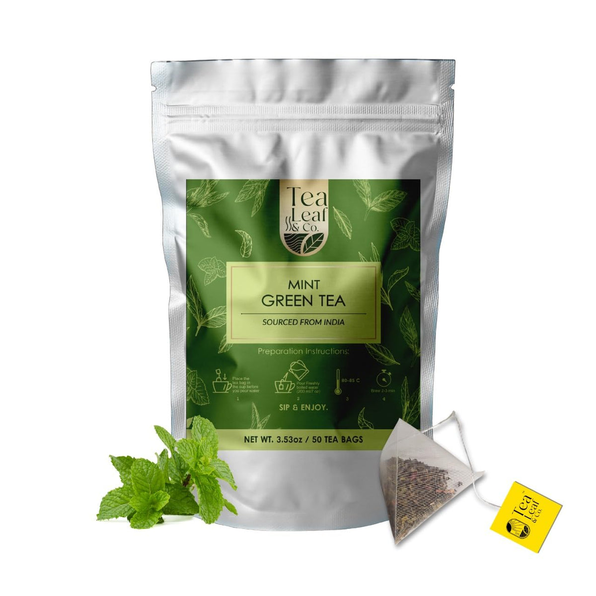 Mint Green Tea Bags (50 Count), Green Tea with Peppermint & Spearmint, Caffeinated, Real and Natural Green Tea, Blended with Fresh Herbs and Spices, Gluten Free
