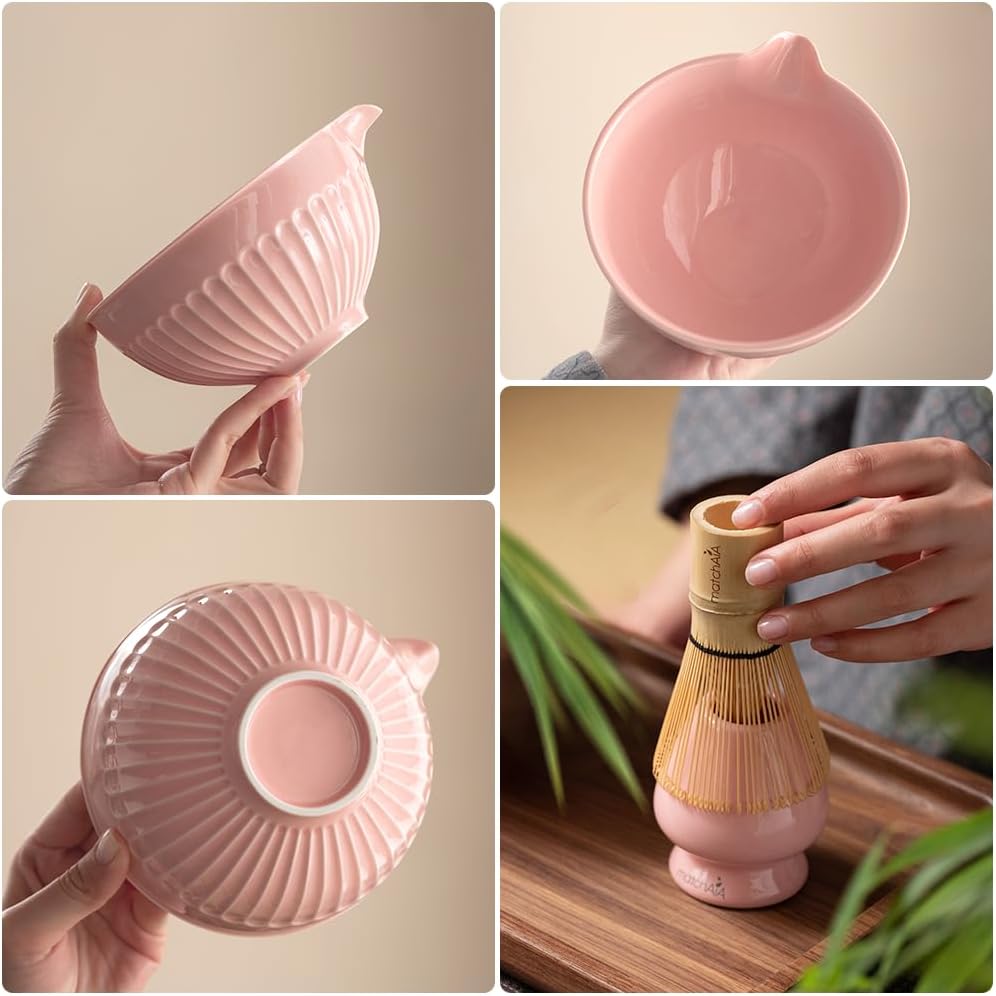 6 Pcs Matcha Set - Ceramic Bowl with Spout, Matcha Whisk with Holder, Tea Powder Canister, Sifter and Spoon, Complete Kit for Traditional Matcha, Modern Lattes, and Tea Ceremonies (Pink)
