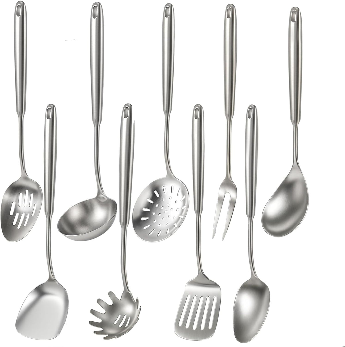 Newness 9 Pcs Cooking Utensils Set, 304 Stainless Steel Kitchen Utensils Set, Metal Kitchen Accessories, Include Soup Ladle, Slotted Skimmer Spoon, Spaghetti Spoon and Spatula, Dishwasher Safe