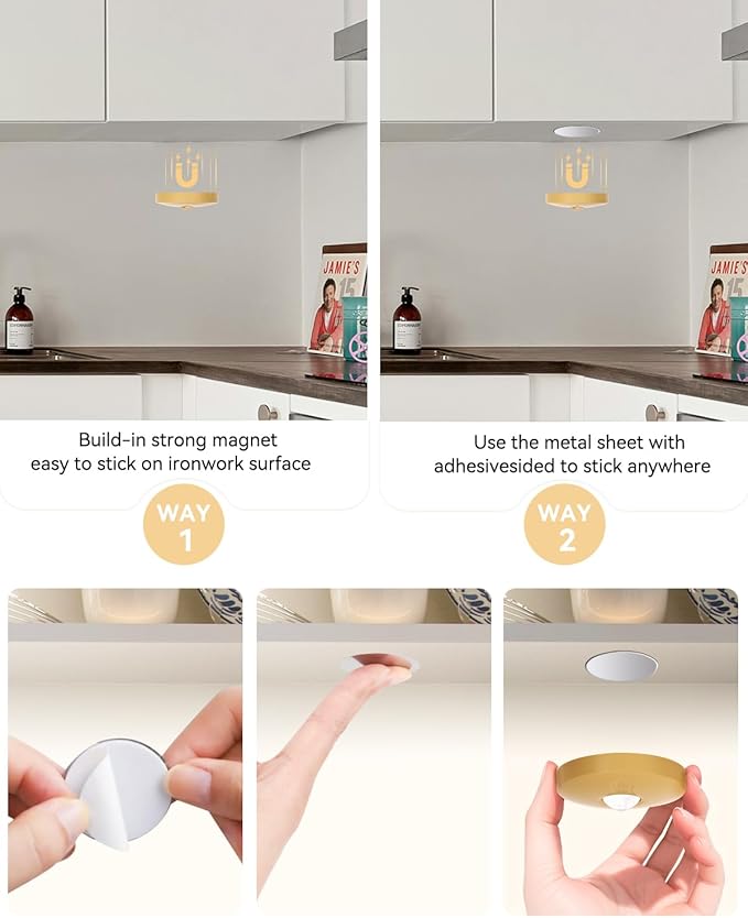 Rechargeable Puck Lights with Remote Control, 1500mAh Battery, 6Pcs Gold Stick-on Lights for Under Cabinet, Closet, Bedroom, Kitchen with Dimmer & Timer Function