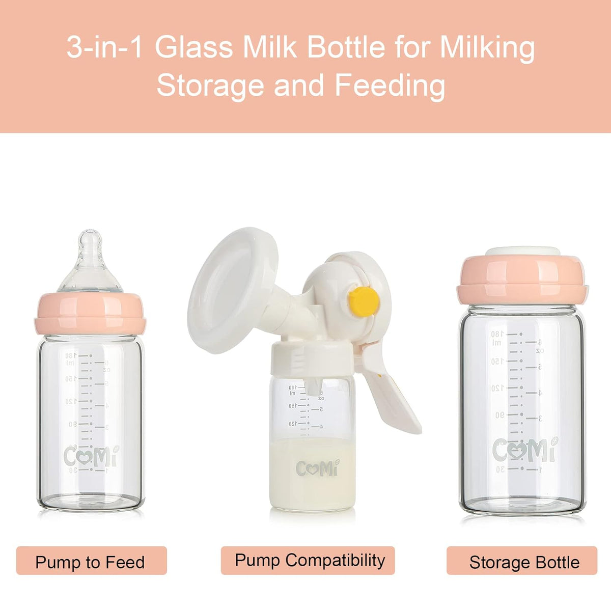 COMI Wide Neck Glass Breastmilk Collection n Storage Bottle, 6oz with Screw Ring Sealing Disk; Re-markable Sealing Disc. BPA Free, Fits Breast Pumps & Nipples (2 Pack Pink Lids)