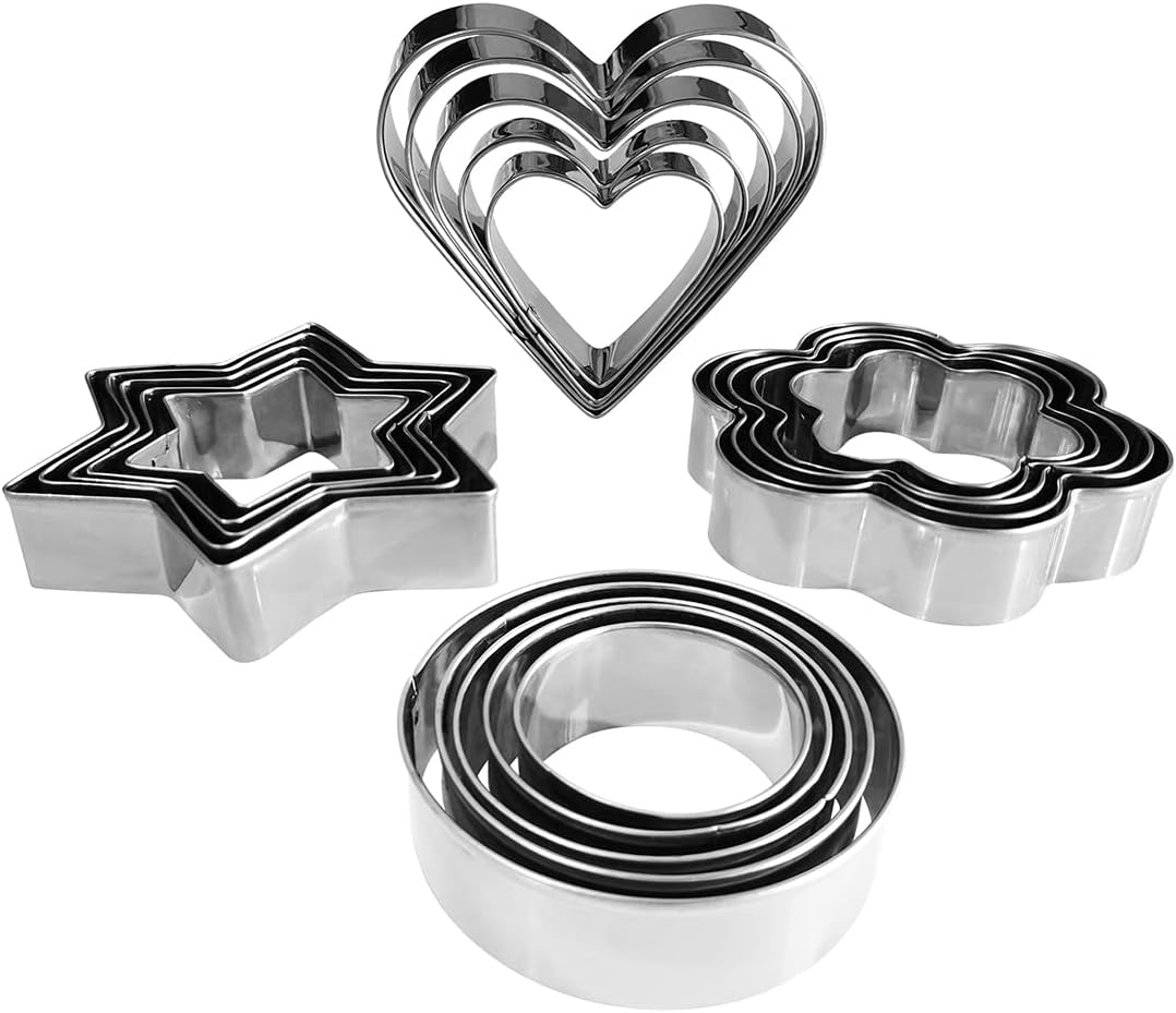 Metal Cookie Cutters Set - Star Cookie Cutter Stainless Steel Round Biscuit Cutter Heart Small Star Cookie Cutters Mini Flower Molds Cutter for Baking (20 Round Heart Flower Star Cookie Cutters)
